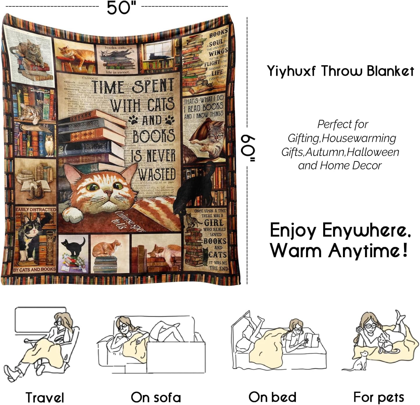Book Lover Gift for Women Men - Cozy Fleece & Flannel Throw Blanket for Cat Lovers, Teachers, Librarians, Birthday Reading Gifts, 60"x50" for Couch, Bed, Chair, Dorm Room Decor