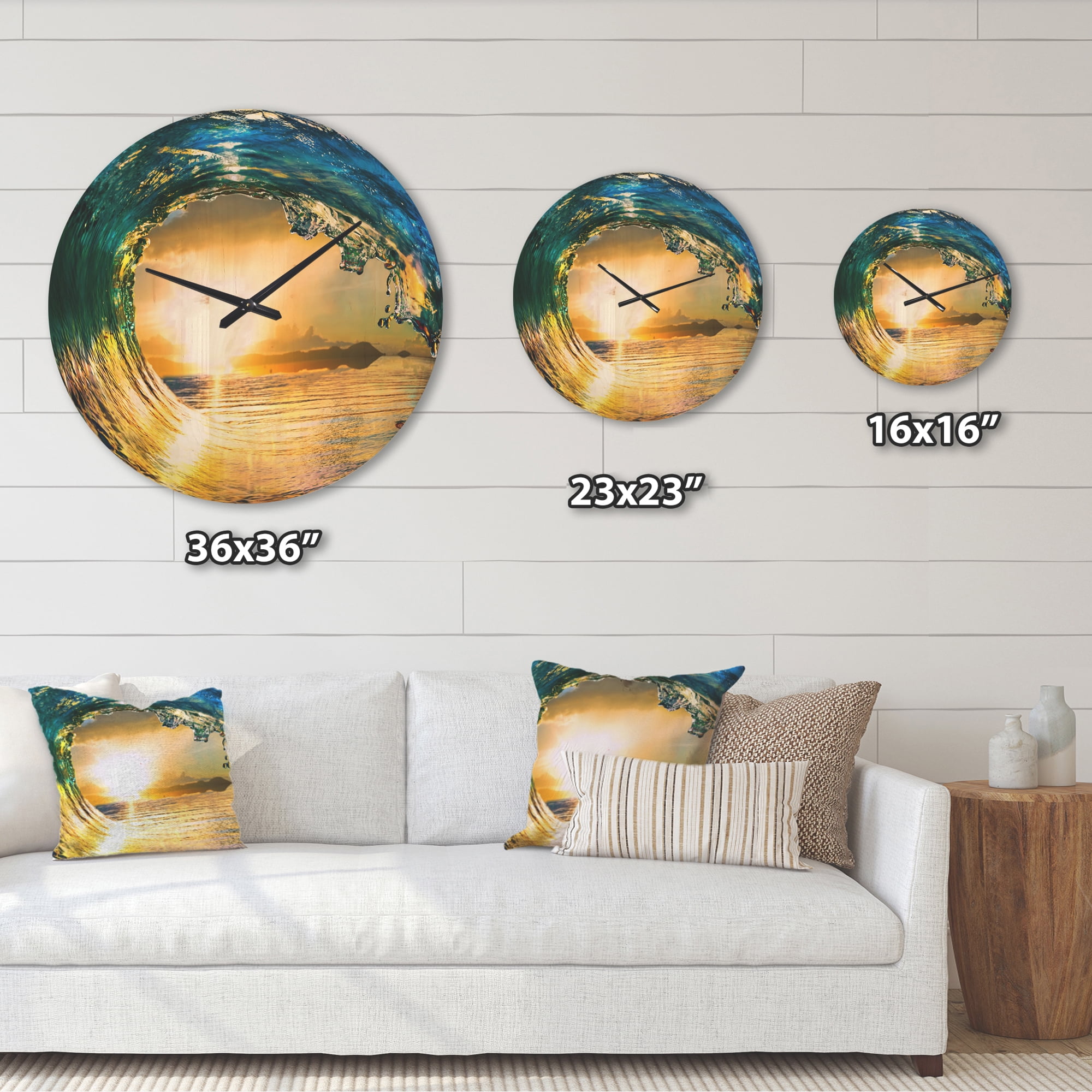Designart 'Colored Ocean Waves Falling Down At Sunset II' Coastal Wood Wall Clock