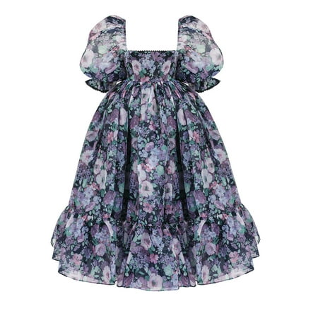

LSFYSZD Women Floral Print Dress Summer Ruffled Square Collar Short Puff Sleeve One-piece
