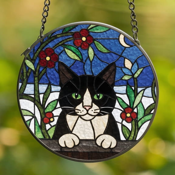 Lotusprinthandmade Tuxedo Cat Stained Glass Suncatcher for Window Hanging Cir4in, decorative cat suncatcher gift, cute cat stained glass artwork
