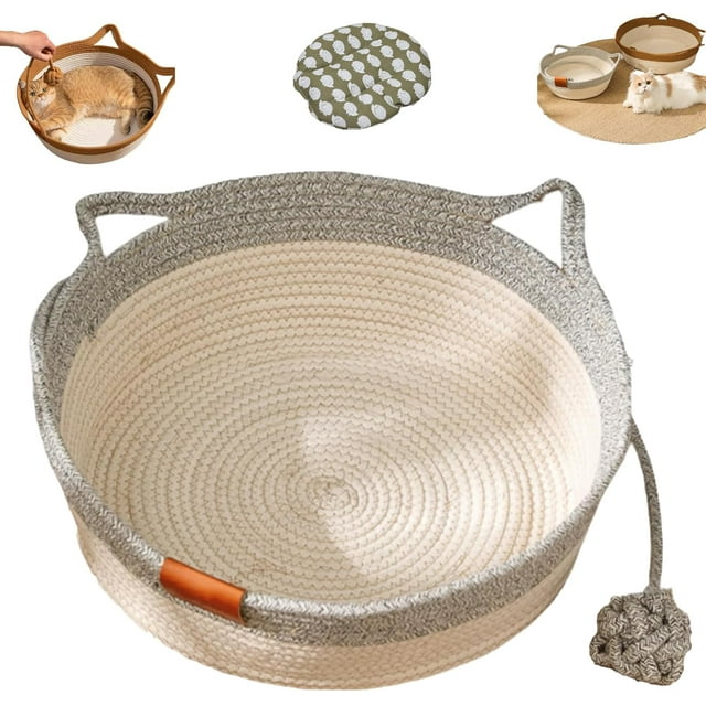 Cutypet Cat Basket, Snack Box Bed,Cotton Rope Woven Round Bed Basket With Built-In Teasing Ball, Hand Toy Tail And Detachable Pad Pet Sleeping Cats Baskets For Indoor (Gray, Large)
