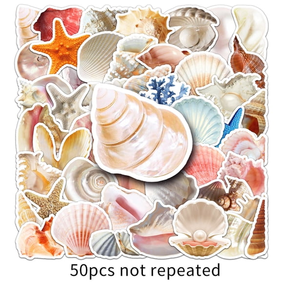 TFixol 50PCS Waterproof Starfish & Shell Stickers, INS Style HD Print PVC Decals with UV Coating - Repositionable, No Residue, Glossy/Matte Options, Ideal for Water Bottles, Phone Cases, Laptops,