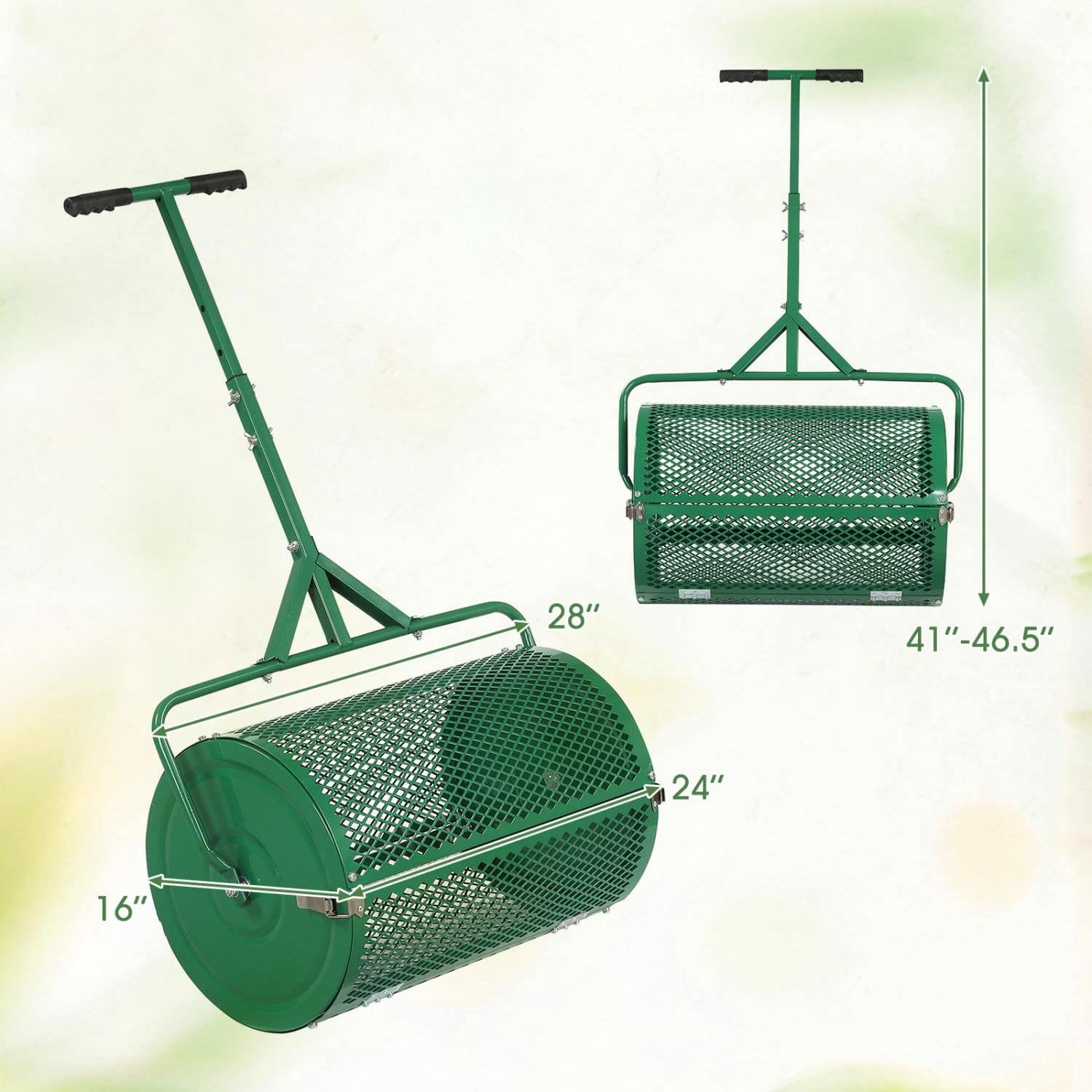Resenkos 24 Inch Heavy Duty Peat Moss Spreader Roller, Height Adjustable T Handle Lawn Compost Spreader for Topsoil Sand and Lawn Care, Green