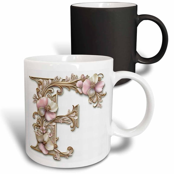3drose, Pink and Image of Gold Floral Monogram Initial F, 11oz Magic Transforming Mug