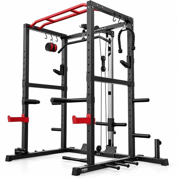FED Fitness Sportsroyals RK2 1200 lb Power Cage & Power Rack with LAT Pulldown, Cable Pulley System, J-Hooks, Dip Bars & Landmine for Home Gym, Red