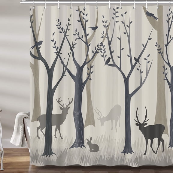 Forest Deer Shower Curtain, Rustic Nature Bird Cabin Camo Fabric Shower Curtains Set For Bathroom, Woodland Animal Restroom Decor Accessories With Hooks 72X 72 Inch