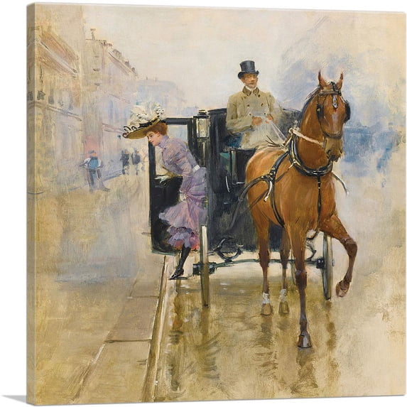 ARTCANVAS Young Woman Descending a Fiacre Canvas Art Print by Jean Beraud - Size: 36" x 36" (0.75" Deep)