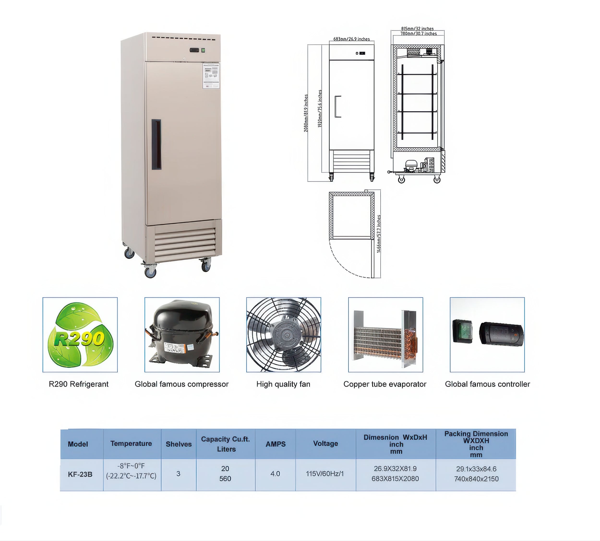 DURING D-KF-27B 27"  Commercial Reach-in Freezer, 23 Cu.ft Stainless Steel