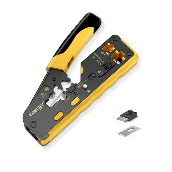 Pass Through RJ45 Crimp Tool, Ethernet Wire Cutter Crimper for Cat7 Cat6A Cat6 Cat5e Cat5 RJ45/RJ11 Connectors, Yellow
