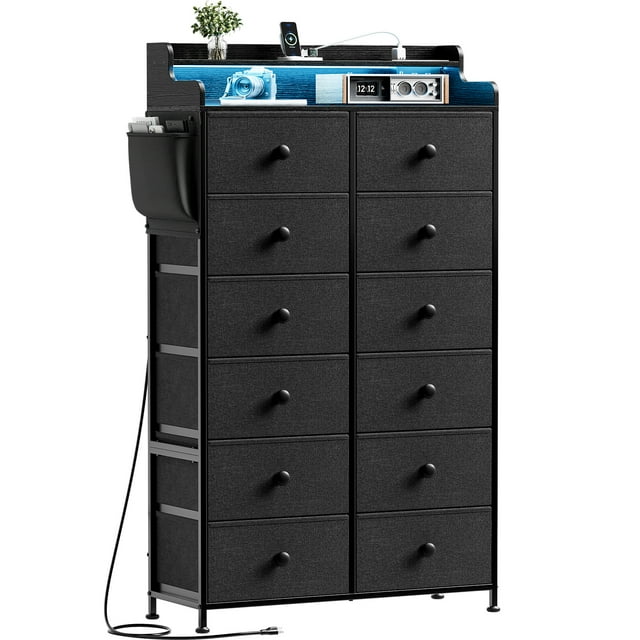 Comoda Cajonera para Recamara - 12 Cajones De Tela con Parte Superior Madera y Marco De Acero Plegable - Cómoda Alta Ideal Mueble Organizador con cajonera- Luz LED - Estación de Carga.