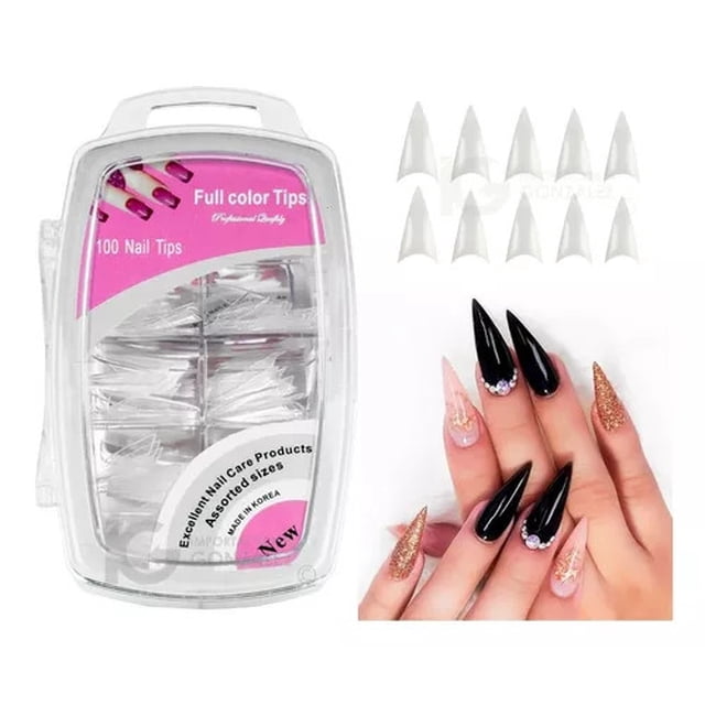 Caja Con 100 Tip Uña Postiza Manicure Belleza Stiletto Transparente Belié Stiletto