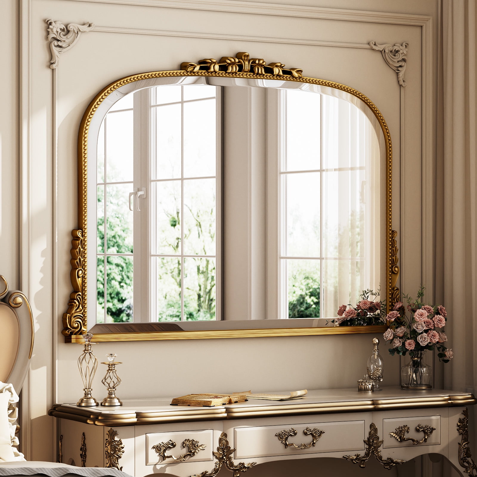 BEAUTYPEAK 44"x 32" Arched Vanity Mirror Vintage Decor Mirror Wall Mounted, Antique Gold