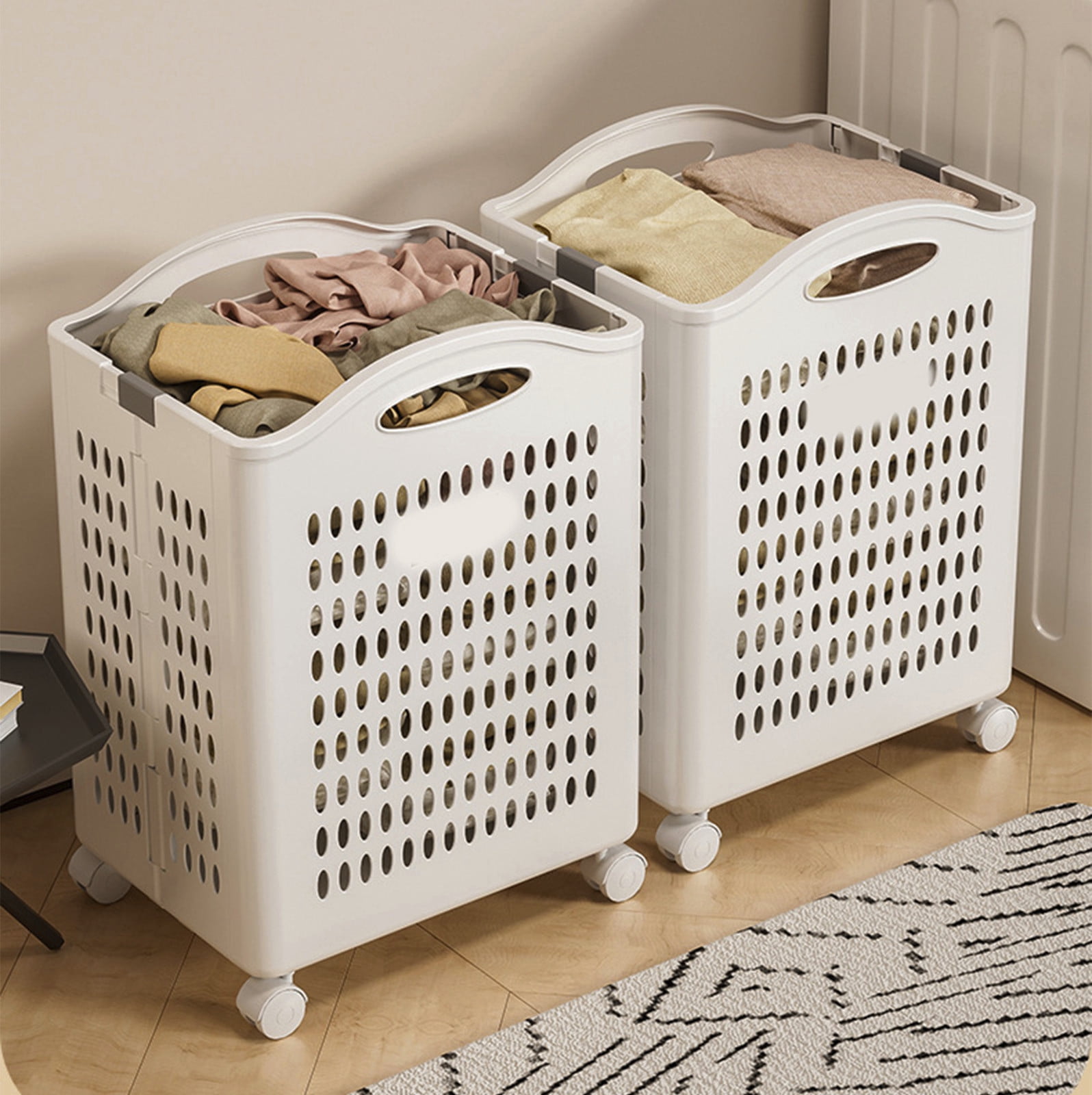 Xuniizn Laundry Hamper, 54L Collapsible Laundry Basket with Wheels,Waterproof Hamper with Handle, Multi Functional Laundry Sorter and Organizer, Tall Baskets for Organizing, White