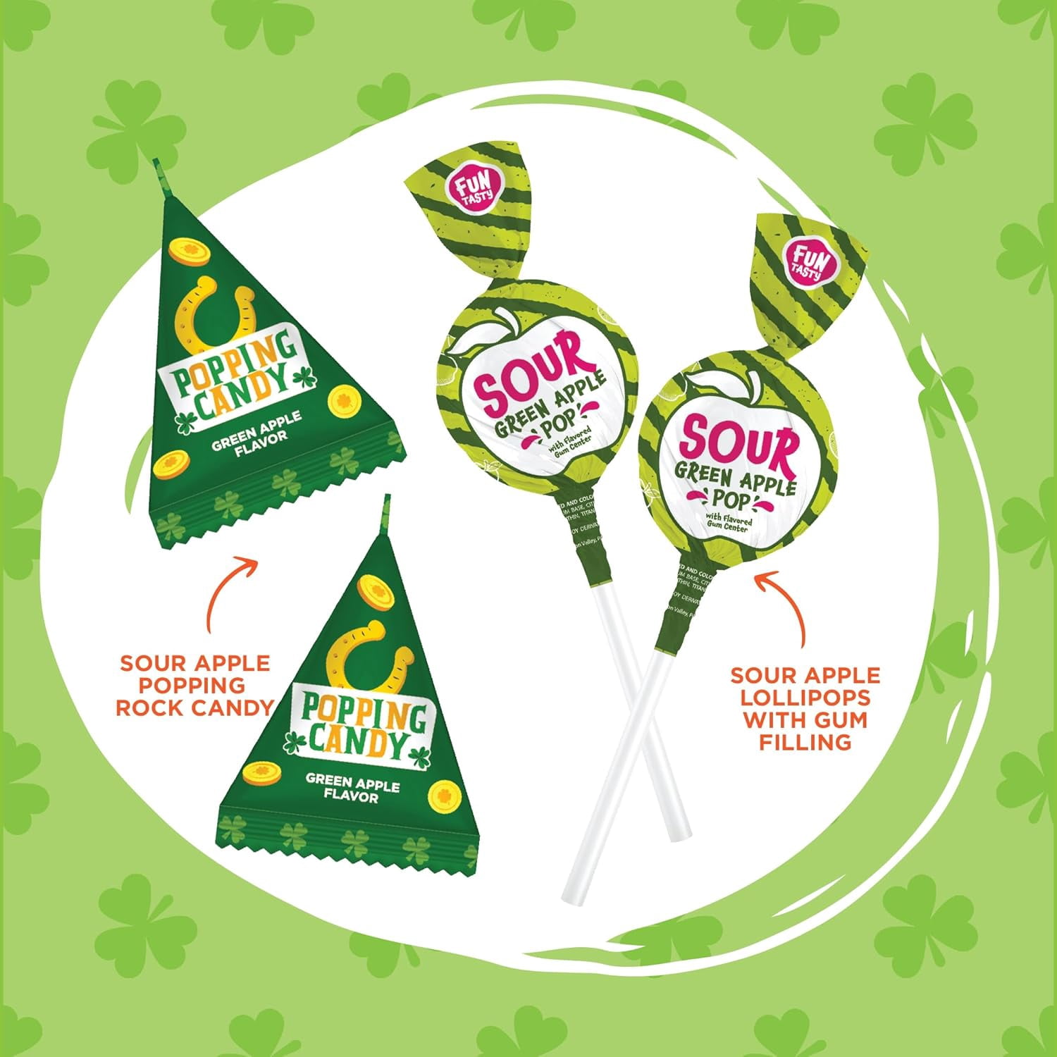 St. Patrick's Day Green Candy Mix - 4-Pound Bulk Pack, Sour Apple Popping Rocks and Gum-Filled Lollipops