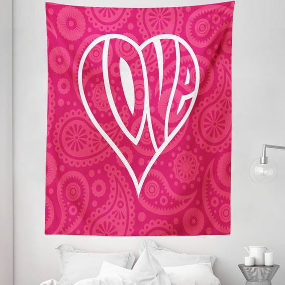 Groovy Tapestry, Big Heart with Background Retro Romance Will Change the World Illustration, Fabric Wall Hanging Decor for Bedroom Living Room Dorm, 5 Sizes, Pink White, by Ambesonne