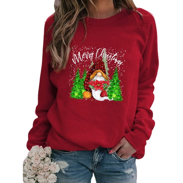 Bellella Pull-Over pour Femmes Col Rond Hauts de Noël Chandail en Molleton Imprimé de Noël Coupe Ample Manches Longues T-Shirt Femmes Rouge m