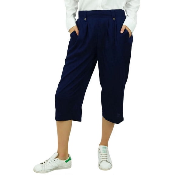 Bimba Women's Rayon Capri Culottes with Back Elastic Casual Summer Pants With Pockets Blue - Medium