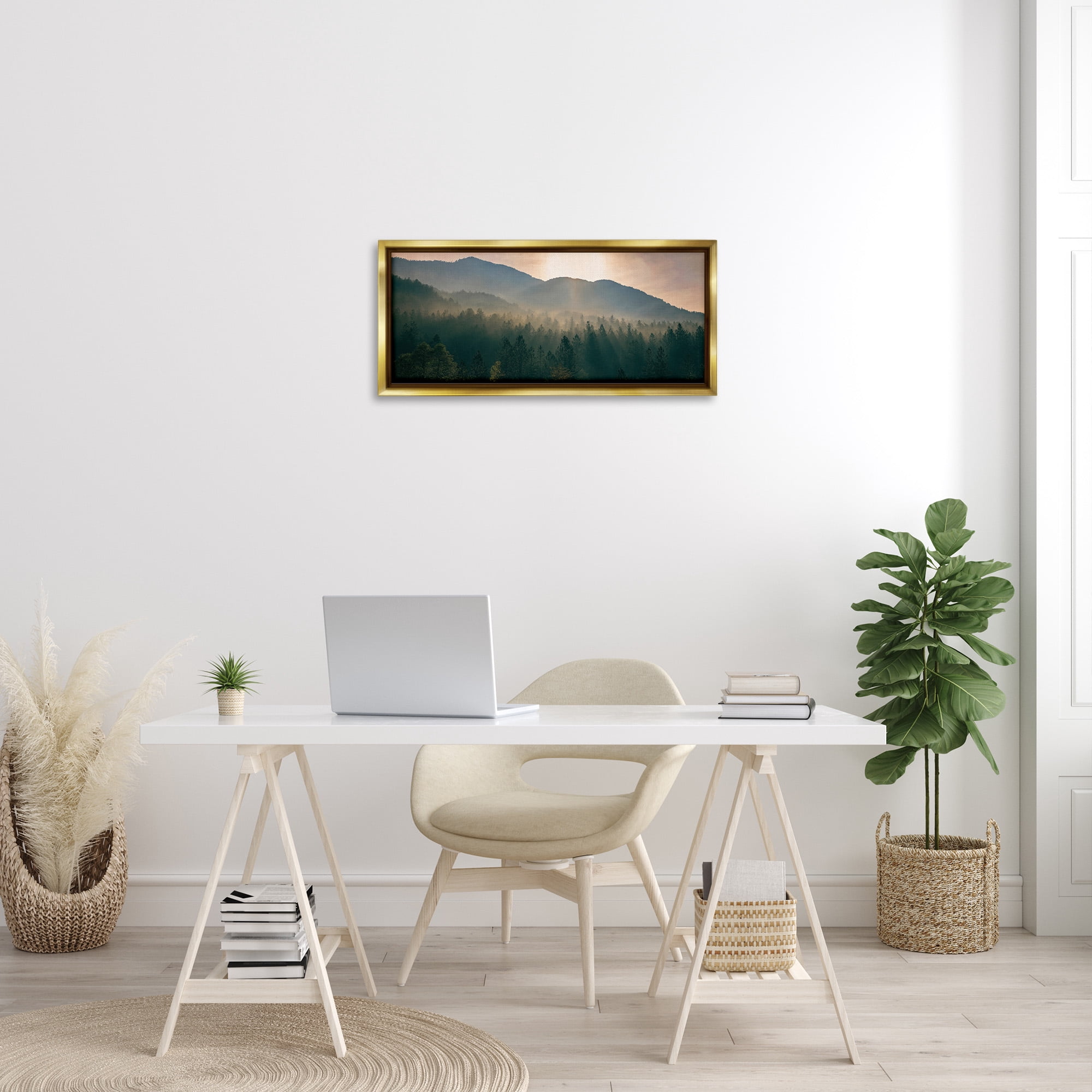 Stupell Industries Morning Sun over Misty Trees Landscape Photography Gold Floater Framed Canvas Art Print Wall Art, 31 x 14