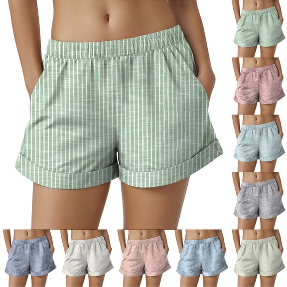 felwors Women's Striped Rolled Cuff Drawstring Shorts Elastic Waist Lightweight Summer Casual Shorts with Pockets (Beige, XXL)