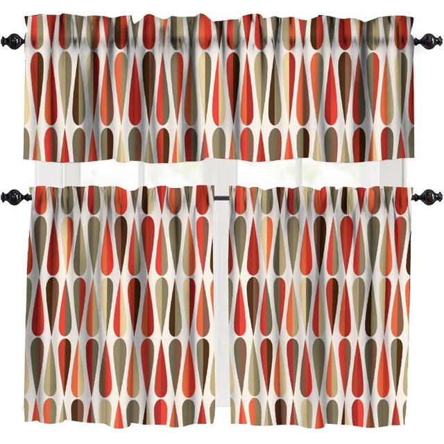 Mid Century Window Valance,Drop Shapes Abstract Triangular Retro Printed Pattern Curtain Valance for Kitchen Bedroom Bathroom 54''''x18''''+27''''x36''''x2(3 Piece), Style-4