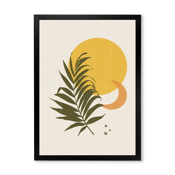 Designart 'Abstract Moon and Yellow Sun With Tropical Leaf I' Modern Framed Art Print