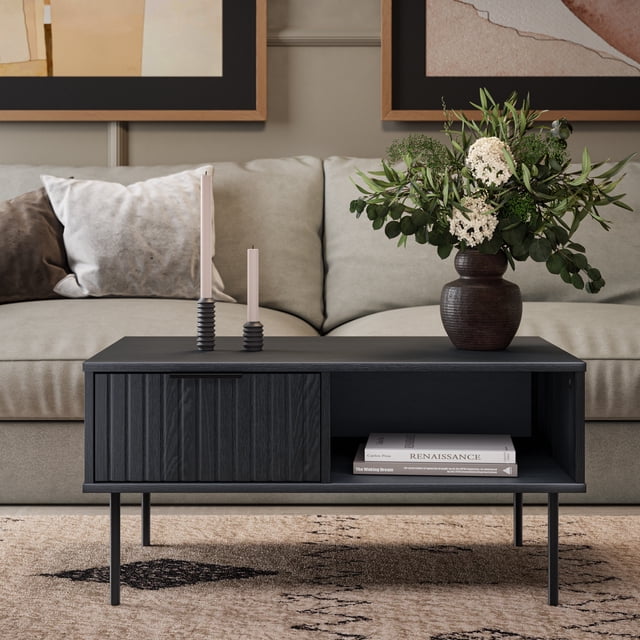 CorLiving Lysander Modern Rectangle Fluted Engineered Wood Indoor Coffee Table with Storage, Black