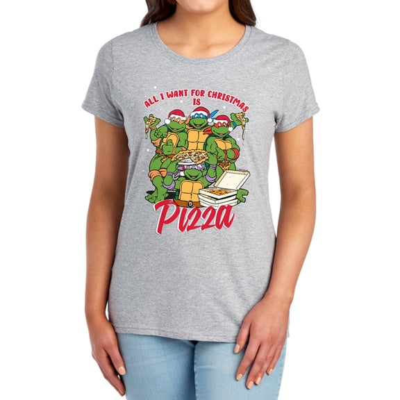 Teenage Mutant Ninja Turtles Christmas Pizza Women's T Shirt, Athletic Heather, Medium