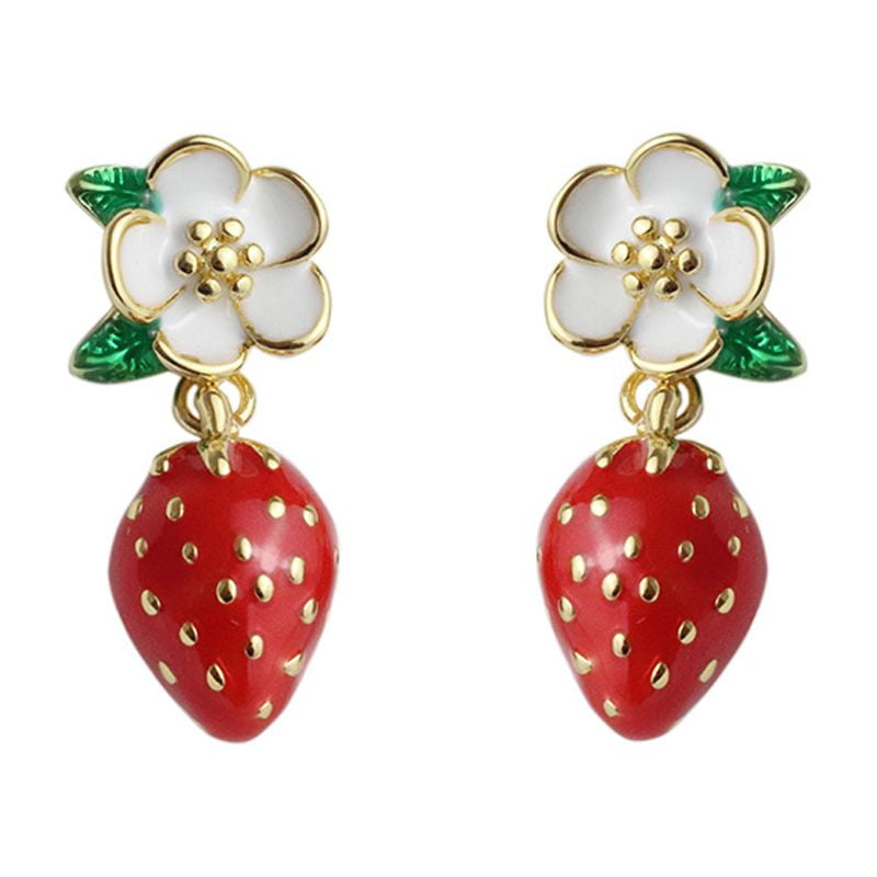 3D Cute Sweet Red Strawberry Charms Studs Golden Flowers White Cherry Blossom  Flower 18K Gold Plated Earring