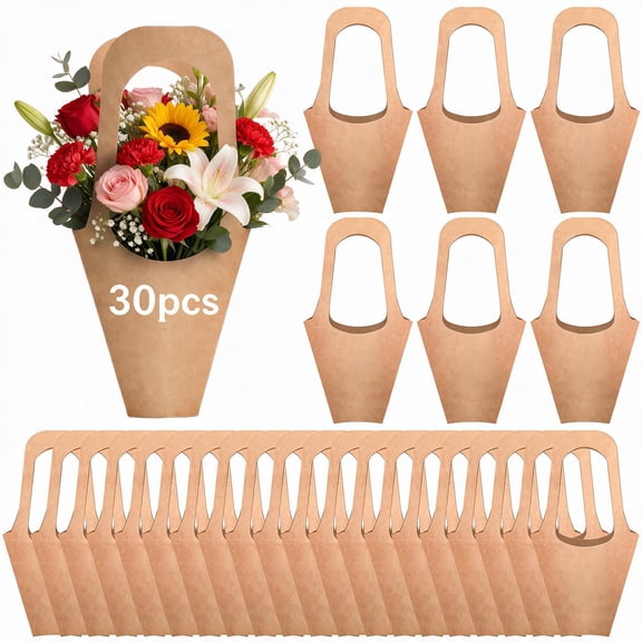 30 Pcs Kraft Paper Flower Wrapping Paper Gift Bags with Handle(16.5×9.06in) - Bouquet Gift Bags for Thanksgiving, Birthday, Wedding & Party Favors