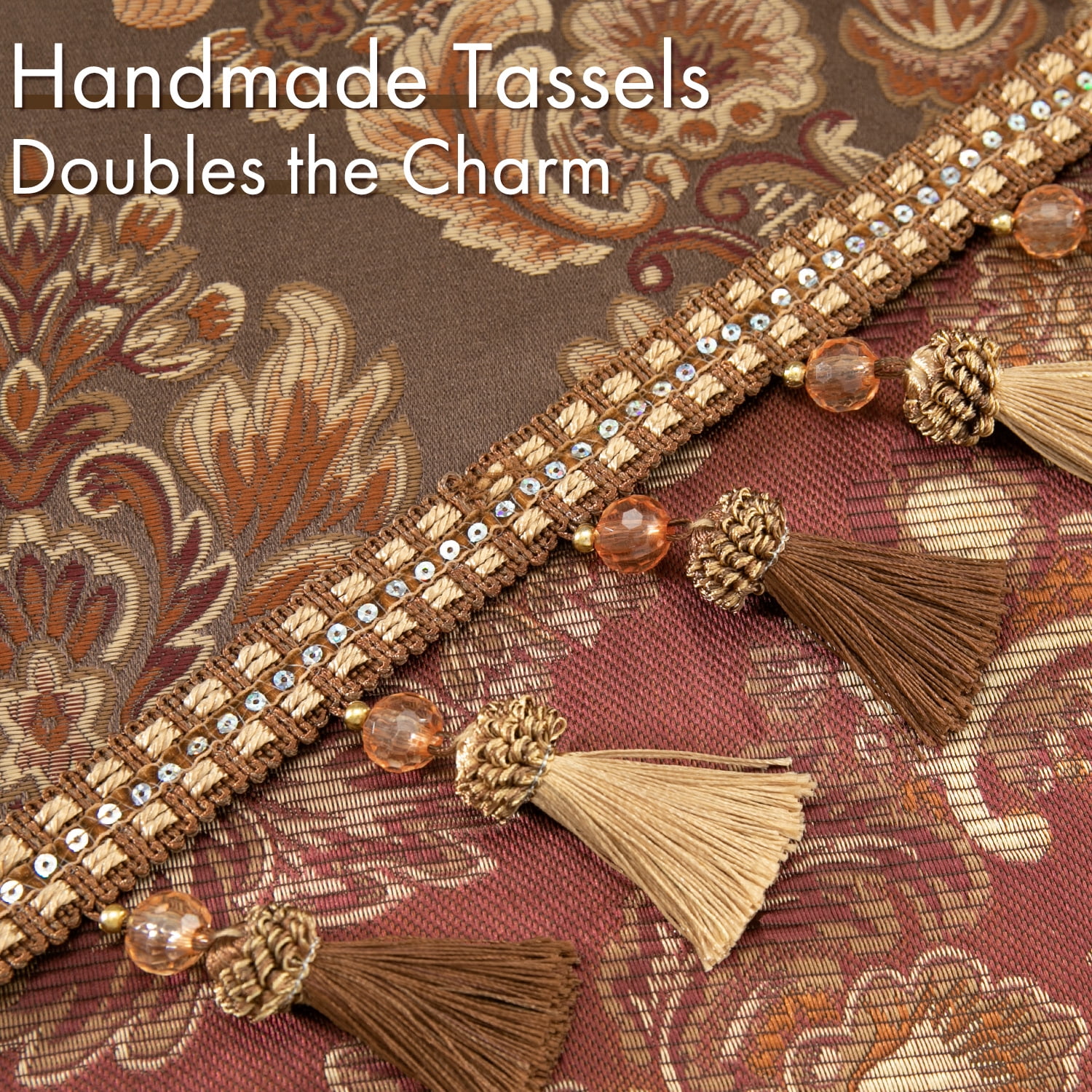 VOGOL Coffee Brown Damask Valance, Heavyweight Swag Curtains with Tassels 39x43 Inches for Bedroom