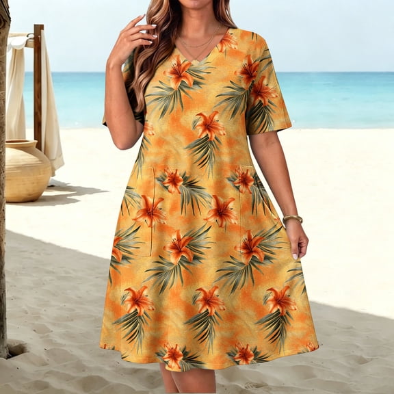 Blmnix Floral Dress Dress Women Beach Hawaiian Dresses Fit & Flare Under Dress V-Neck Short Sleeve Cocktail-Length Adaptable Plus Size Summer Dresses L