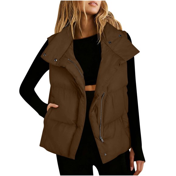 LMKIHUSA Womens Puffer Padded Vest Zip Up Lapel Gilet Coats Sleeveless Padded Puffy Jacket Lightweight Quilted Pockets Outerwear Coffee,XL