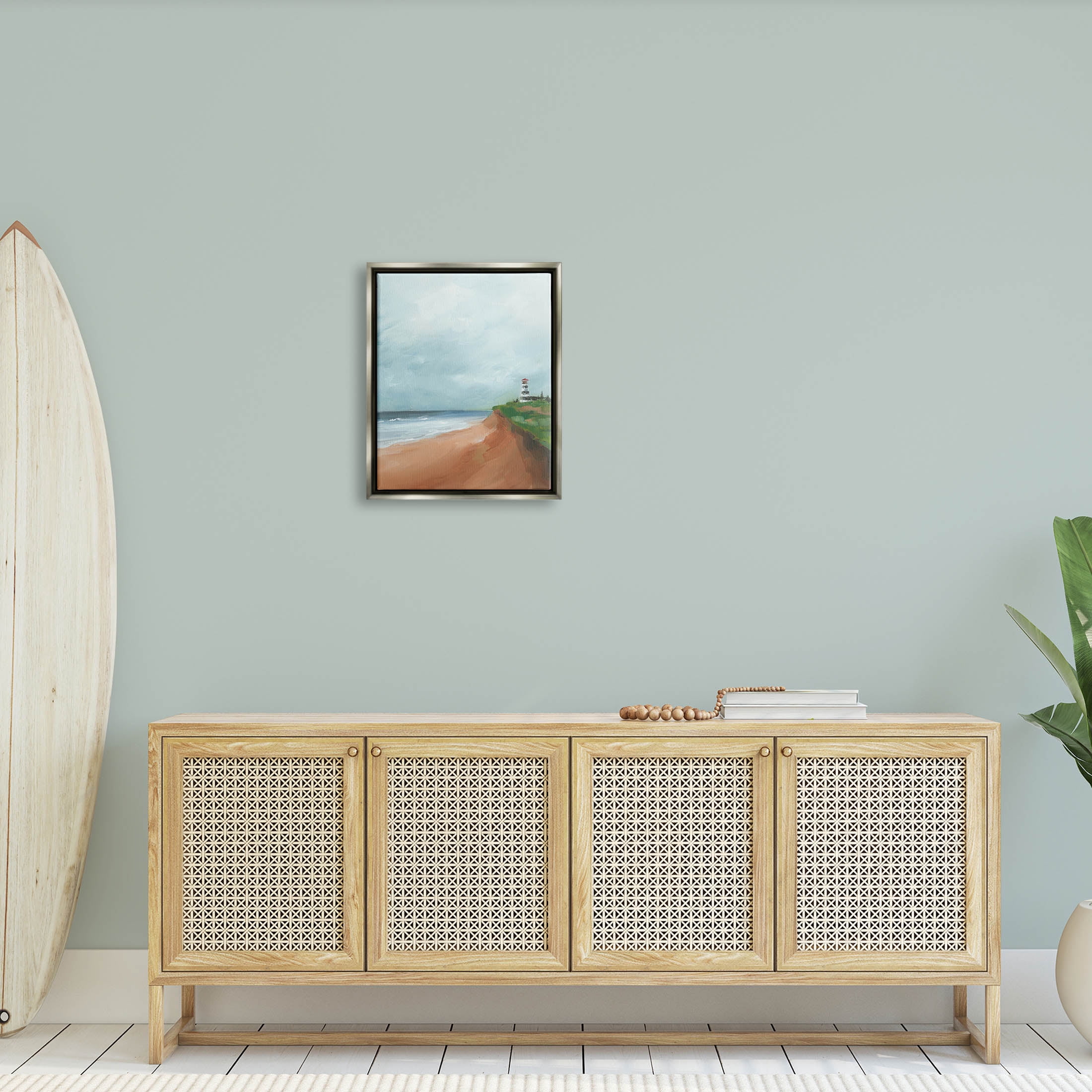 Distant Lighthouse Beach Shore Coastal Painting Luster Gray Framed Art Print Wall Art