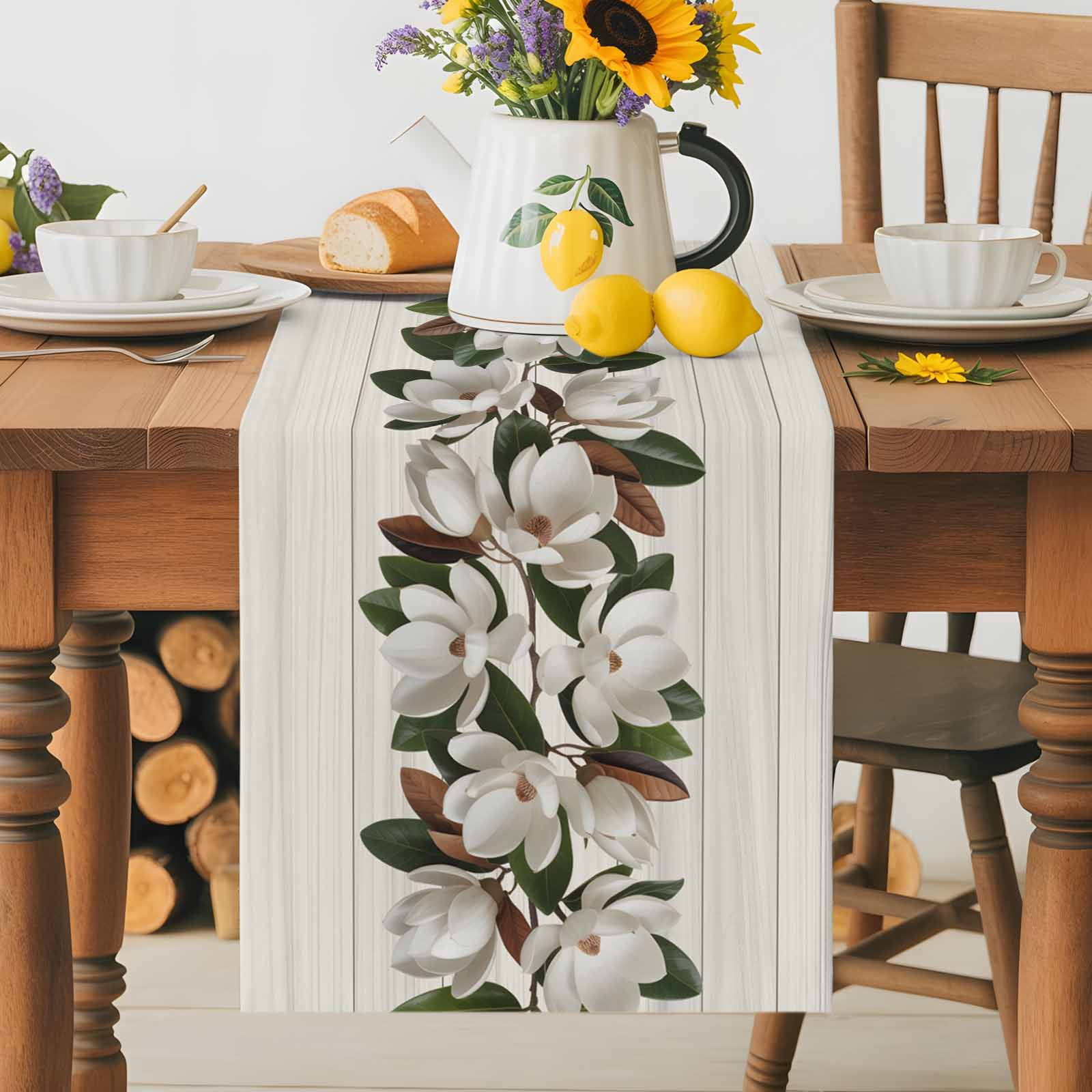 Magnolia Plant Flower Table Runner 90 Inches Long, Farm Vintage Wood Grain Table Runners Tabletop Scarf Kitchen Dining Tables Decoration for Home Party Indoor Outdoor
