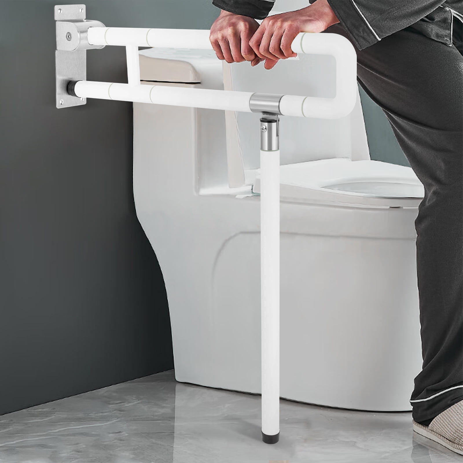 Peakora Grab Bars for Bathroom, Foldable Stainless Toilet Grab Bar with Textured Grip, 23.6 Inch Flip-Up Toilet Safety Rails with Leg for Elderly Pregnant Women Disabled up to 220lbs