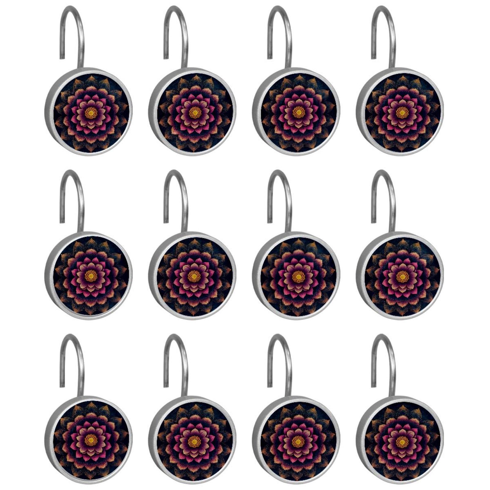 Imobaby 12 Pcs Metal Shower Curtain Hooks Rust Proof for Shower Curtain Liner - Dark Pink Lotus Flower