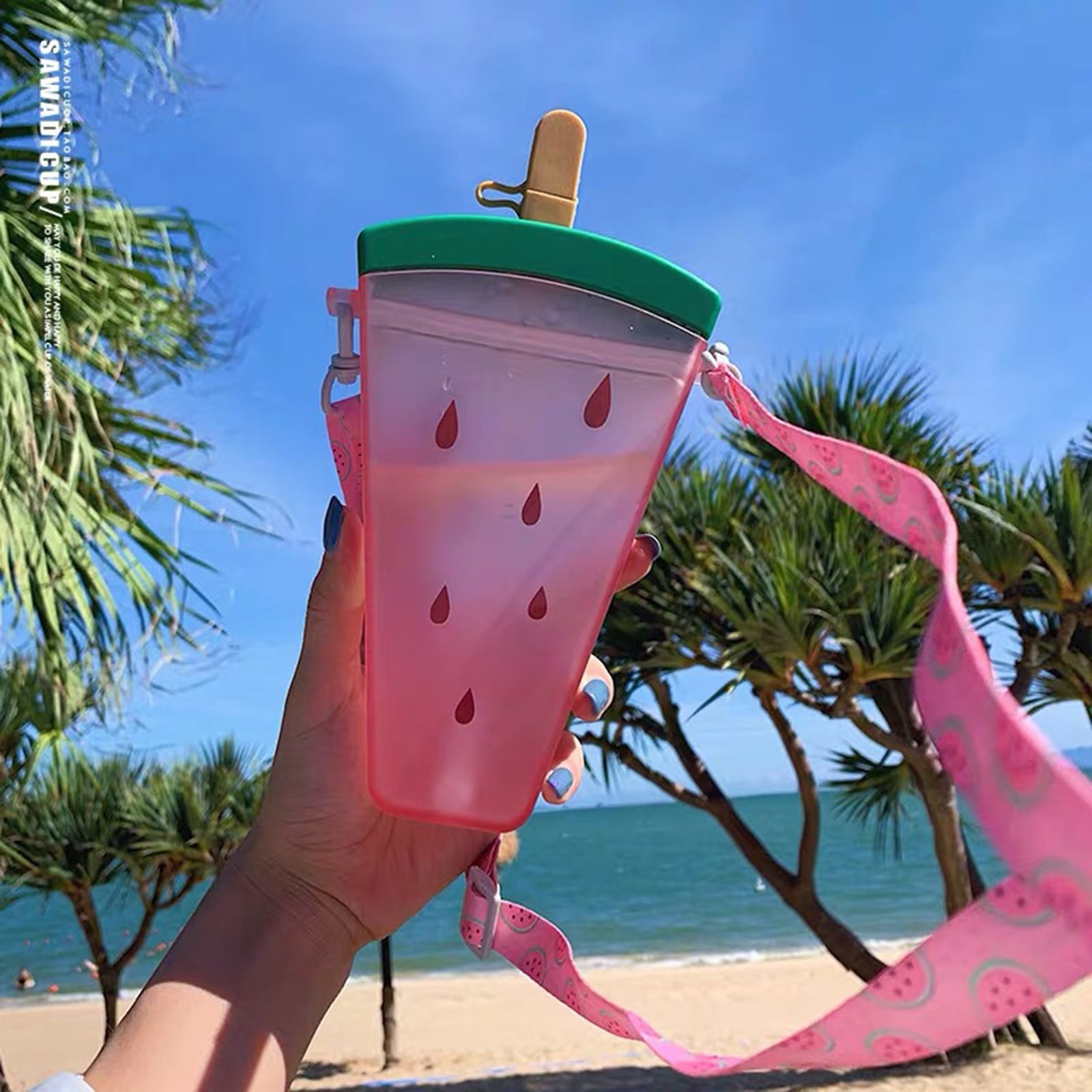 THHEIC 320ml Cute Watermelon Design Insulated Straw Water Bottle with Shoulder Strap, Portable Popsicle Cup for Gym, Office, Travel, and Outdoor Activities