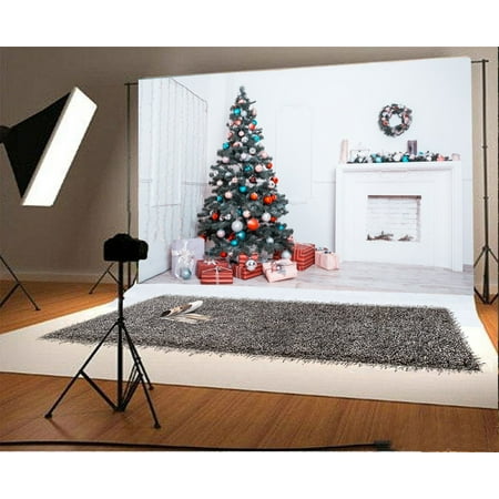 Image of GreenDecor 7x5ft Backdrop Photography Background Indoor Christmas Decoration Holiday Party Children Baby Xmas Tree Gift Boxes Wreath Balls White Fireplace Curtain Lamp Children Fmaily Photos