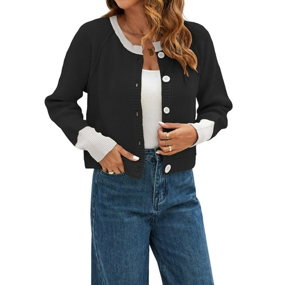 Women'S Cropped Cardigan Sweaters Fall Long Sleeve Open Front Button Down Color Block Knit Outwear Coats Black L