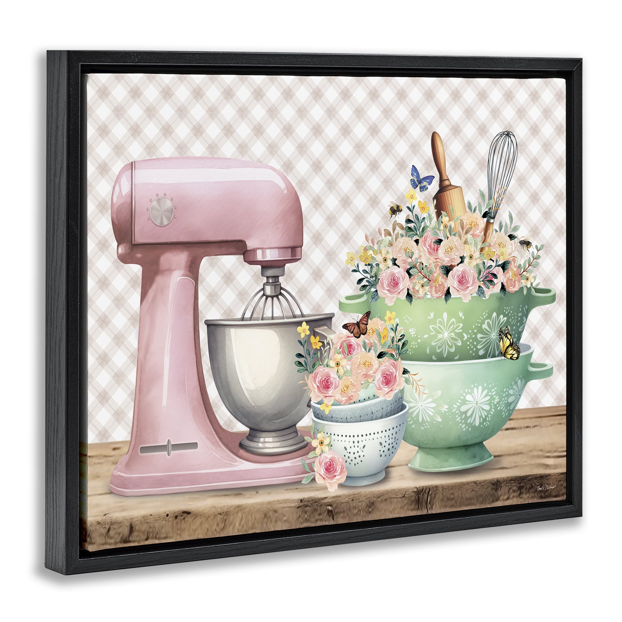 Stupell Industries Floral Gingham Kitchen Food & Beverage Painting Black Floater Framed Canvas Art Print Wall Art, 31 x 25