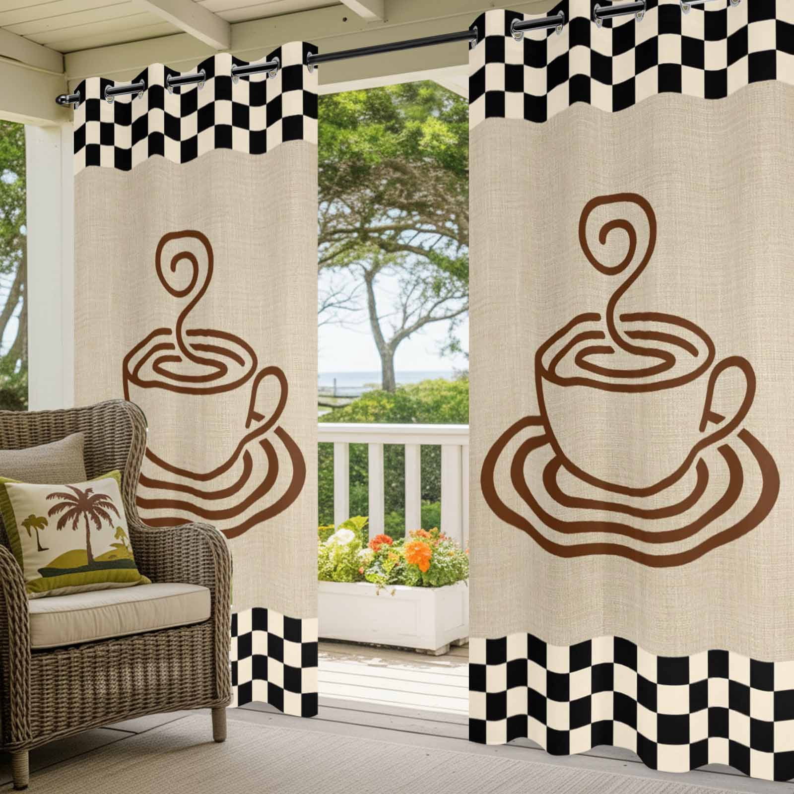 Coffee Cup Outdoor Curtains for Patio, Retro Country Brown Lines Cup Linen Black Plaid Sunshade Privacy Drapes Grommet Waterproof Outside Curtains for Porch/Cabana/Balcony 54"x 108", 1 Panel