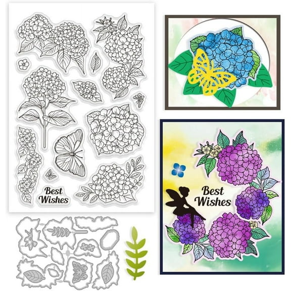 Hydrangea Clear Stamp and Cutting Dies Set for Card Making Spring Flowers Butterfly Silicone Clear Stamp Metal Plants Leaves Die Cuts for DIY Scrapbooking Photo Album Mixed Color