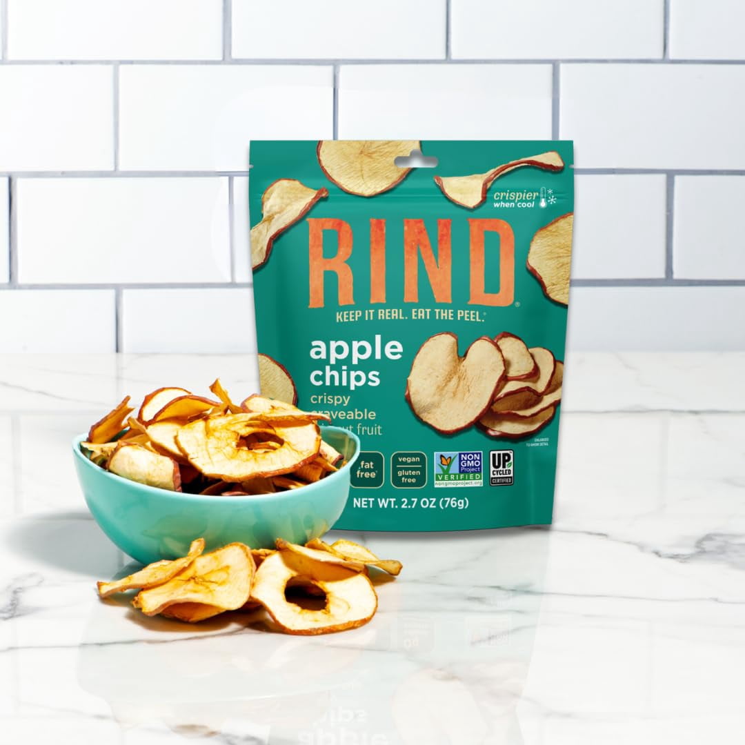 RIND Snacks | Unsweetened IRF13 Apple Chips | 100% Sweet Naturally Sweet | Skin-On Crispy Dried Fruit Chips | USA Grown | Fiber-Rich | Vegan | Kosher | Paleo | Fruit Snacks | 2.7 oz | 6 Pack