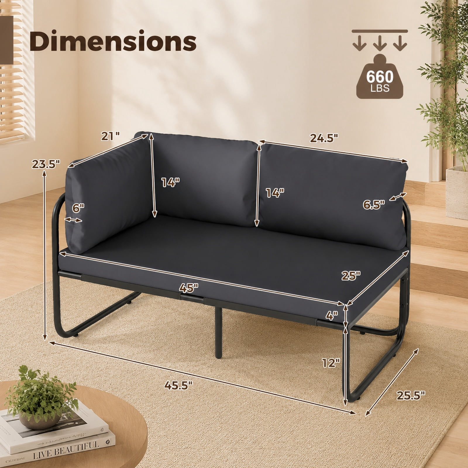 Furnibear Patio Loveseat Sofa Couch with Removable Pillows and Seat Cushion for Yard Garden Porch and Poolside Seating, Gray