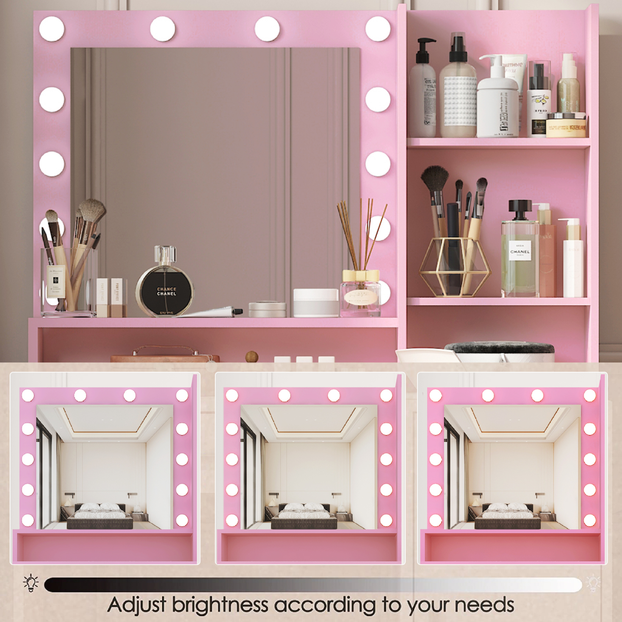 Makeup Vanity Desk with Mirror & Light,Large 3 Drawer Storage Dressing Table with 3 Color Lighting Modes for Bedroom,Pink