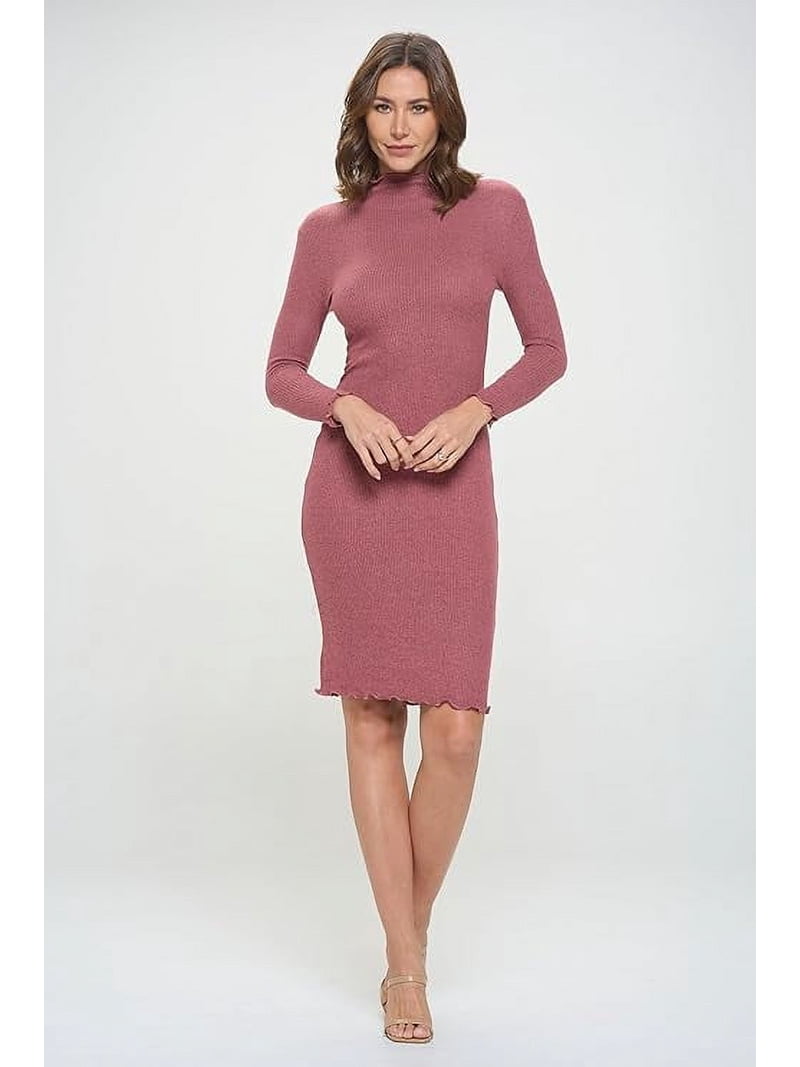 Women's Long Sleeve Midi Cocktail Bodycon Dress, Stretchy Ribbed Knit, High  Neck(Mauve Deep Large Size) - Walmart.com