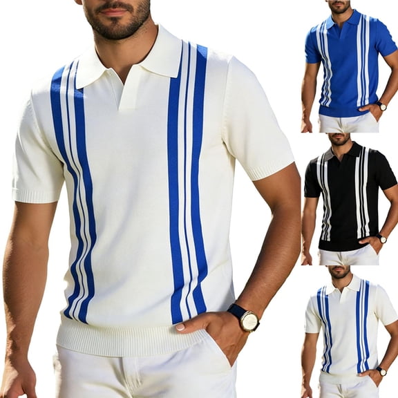 Daiosportswear Men'S Polo Shirts Vintage Stripe V-Neck Short Sleeve Knit Cotton Summer Golf Shirts White XL(XL)