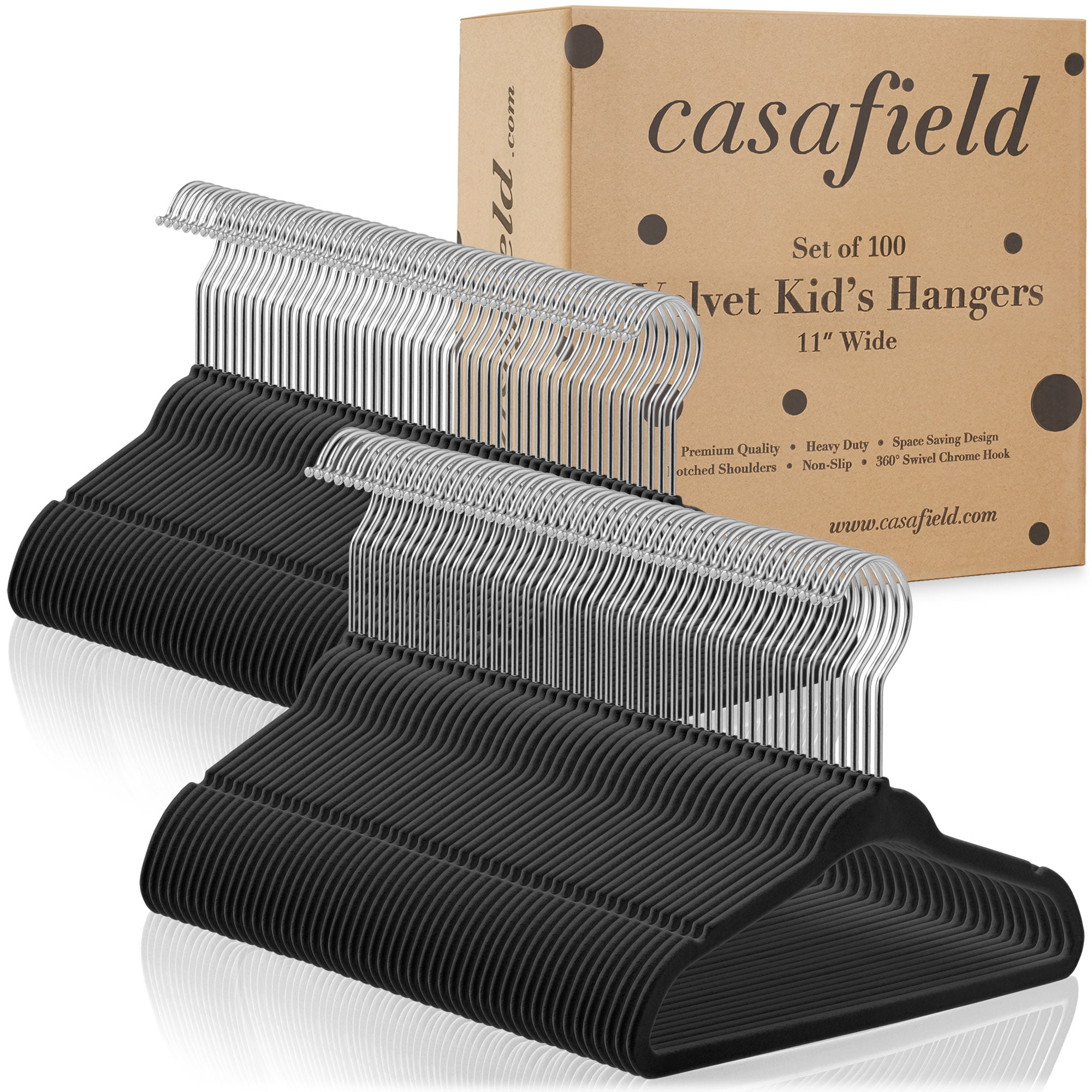 Casafield 100 Velvet Baby Hangers for Infant & Toddler Clothes, 11" - Black