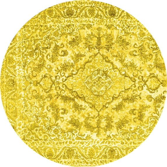Ahgly Company Machine Washable Indoor Round Persian Yellow Traditional Area Rugs, 4' Round