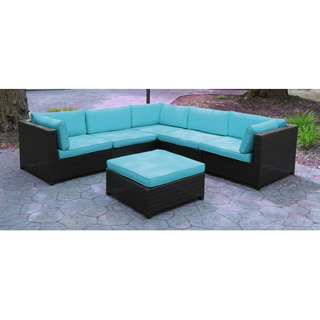 Black Resin Wicker Outdoor Furniture Sectional Sofa Set - Blue Cushions